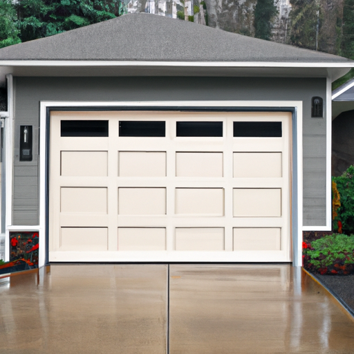 Sectional garage door on a craftsman home in Lakewood, WA with visible weatherstripping and wet pavement.