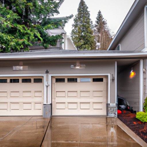 Residential garage door with smart opener in a Lakewood, WA neighborhood on an overcast day; driveway and evergreen trees visible.