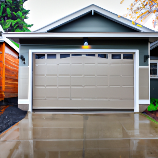 Exterior view of a closed suburban garage door in Lakewood, WA on an overcast day with wet pavement.