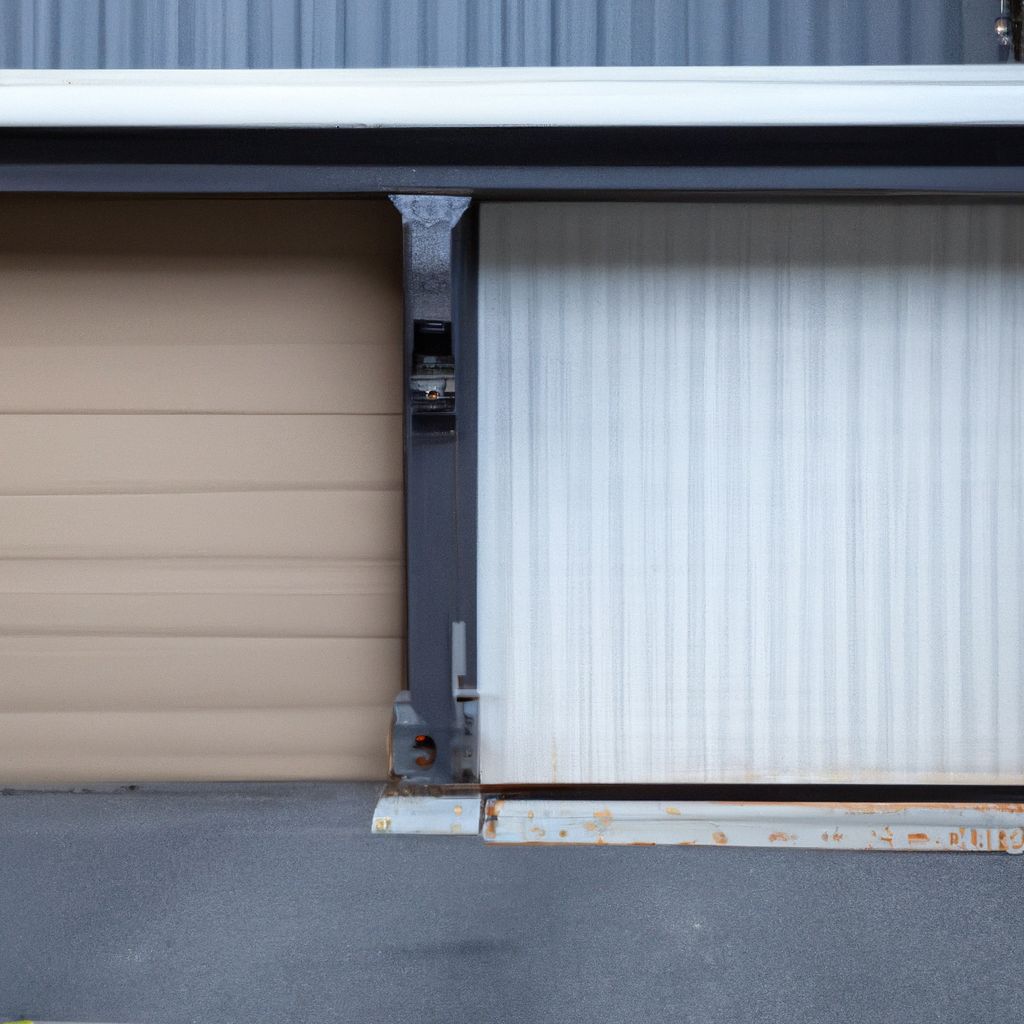 Residential garage door stuck halfway open showing metal tracks and panels