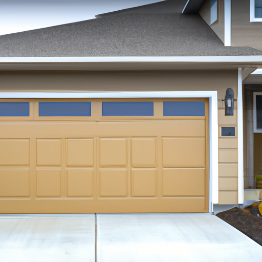 Insulated residential garage door with visible bottom seal and overcast Pacific Northwest landscaping in Lakewood, WA.