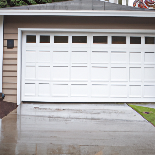 Suburban Lakewood home with visible closed white garage door on a wet overcast day