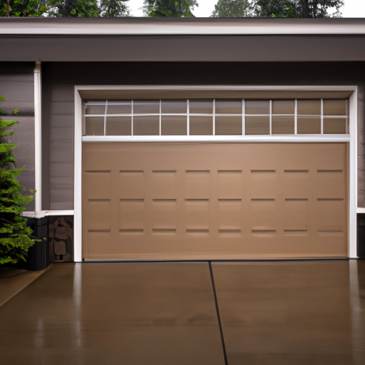Lakewood home exterior with a modern garage door on an overcast day, wet driveway and trees in background.