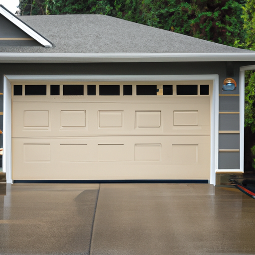 Wide exterior of a Lakewood home with a closed insulated garage door, visible seals and threshold in overcast Pacific Northwest light.