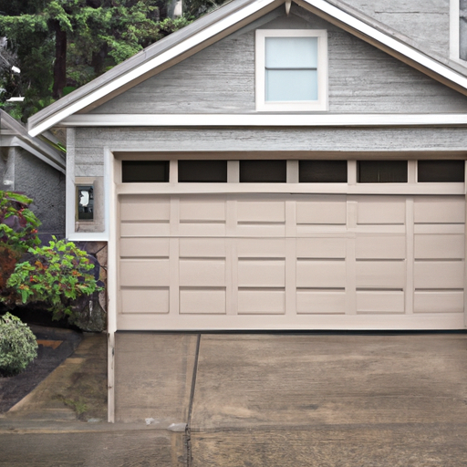 Suburban Lakewood, WA house with a modern raised-panel garage door on an overcast day, driveway and siding visible.