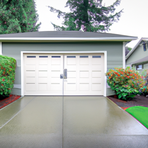 Suburban Lakewood, WA garage door closed on a damp driveway with evergreen landscaping, overcast sky