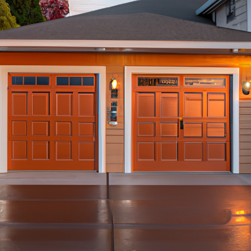 Modern two‑car garage door on a Lakewood, WA home with smart keypad visible, wet driveway and cedar siding.