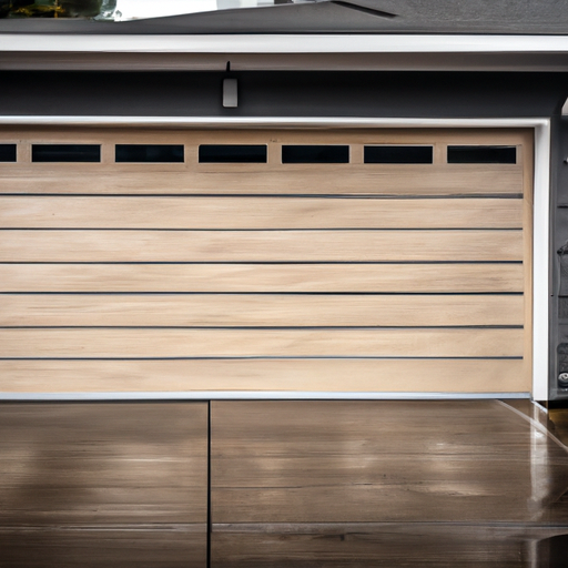 Modern sectional garage door on a Lakewood, WA home after rain, showing panels, hardware, and driveway.