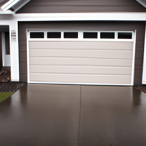 Exterior view of a modern insulated garage door on a Lakewood, WA home on an overcast day, showing seals and panel texture