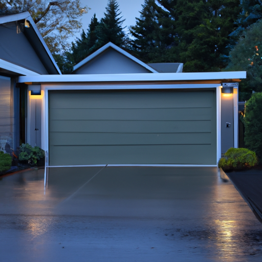Lakewood suburban home at dusk with a modern garage door and visible smart keypad, wet pavement reflecting light.
