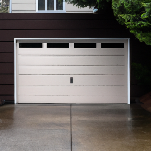 Closed residential garage door with visible bottom seal and threshold on an overcast day in Lakewood, WA.