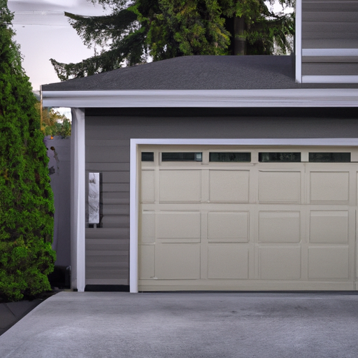 Suburban Lakewood garage with a modern smart garage door and keypad, evening light, no people.