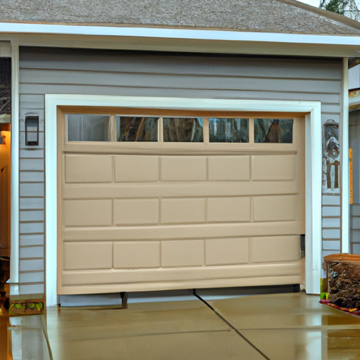 Modern sectional garage door of a Lakewood, WA home, wet driveway and visible door hardware on a rainy day.