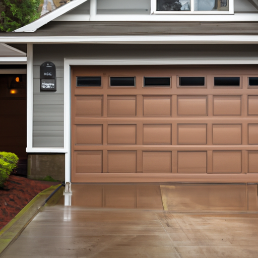 Exterior view of a residential garage door closing in Lakewood, WA on an overcast day with damp pavement and Northwest-style siding.