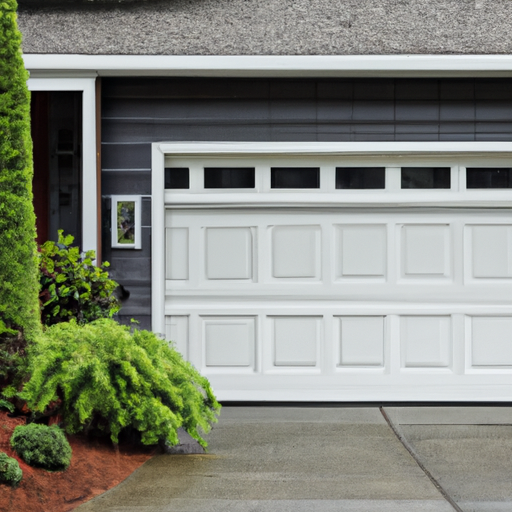 Suburban Lakewood, WA home exterior showing a closed garage door with native landscaping and overcast sky.