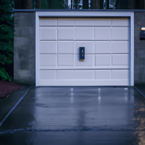 Closed modern garage door with visible smart controller at a wet Lakewood driveway at dusk, no people.