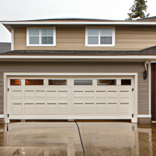 Modern sectional garage door on a Lakewood, WA home exterior on an overcast day; door and surrounding trim visible.