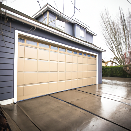 Suburban Lakewood home exterior with a modern garage door, wet driveway, and overcast sky; door and weatherstripping visible.