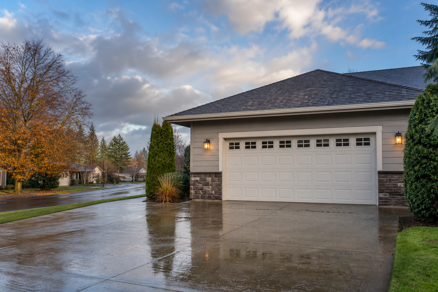 Suburban garage door on a Lakewood, WA home with wet pavement after seasonal rain